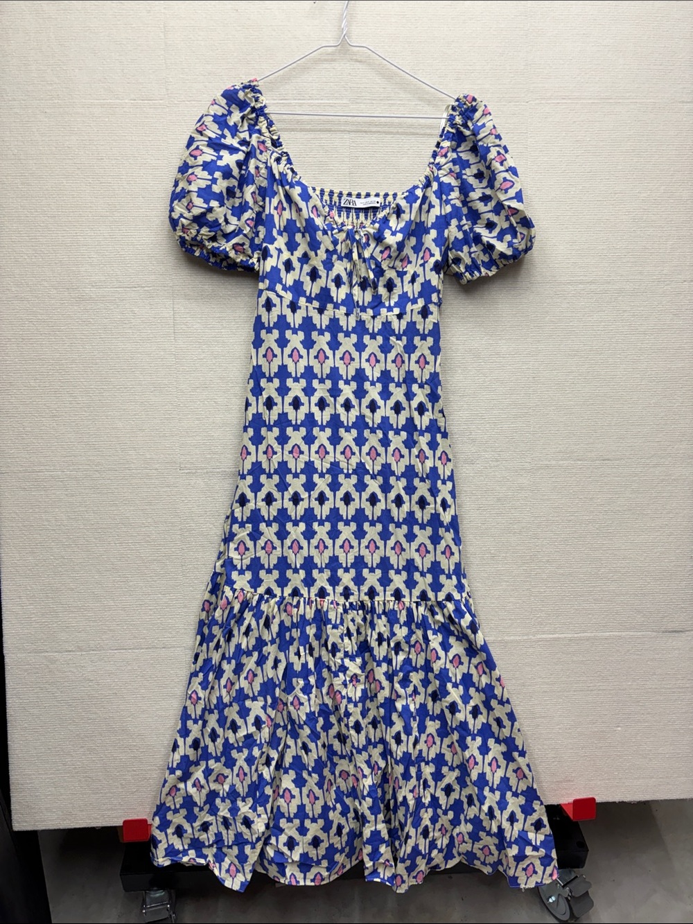 Zara | Blue Patterned Puff-Sleeve Dress small